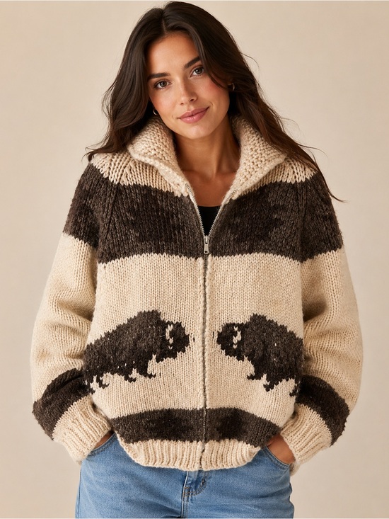 Handmade Jackets & Blazers - Hand Knit Buffalo Wool Zip-Up Cardigan Sweater Cream Brown Western Cabin Cozy